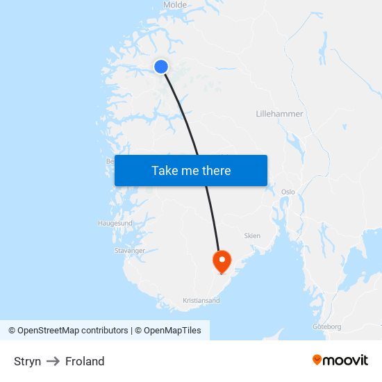 Stryn to Froland map