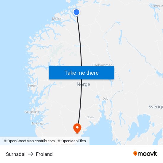 Surnadal to Froland map