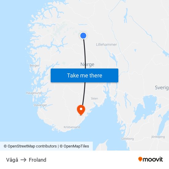 Vågå to Froland map