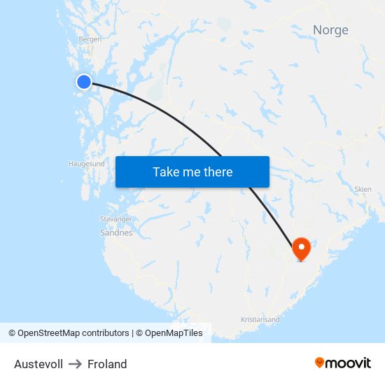 Austevoll to Froland map