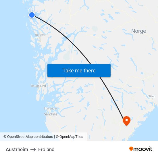 Austrheim to Froland map