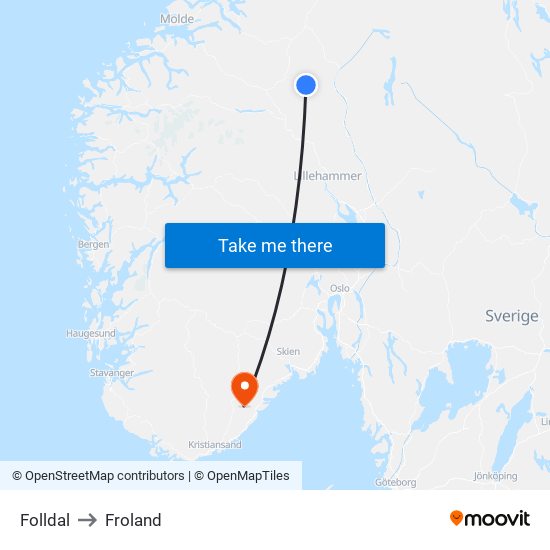 Folldal to Froland map