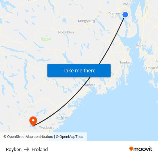 Røyken to Froland map