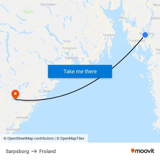 Sarpsborg to Froland map