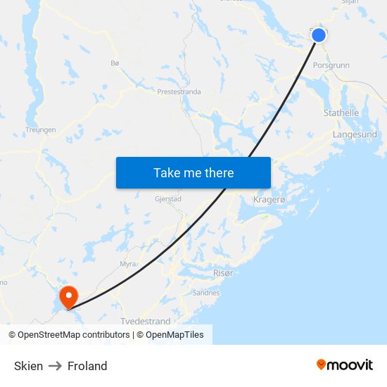 Skien to Froland map