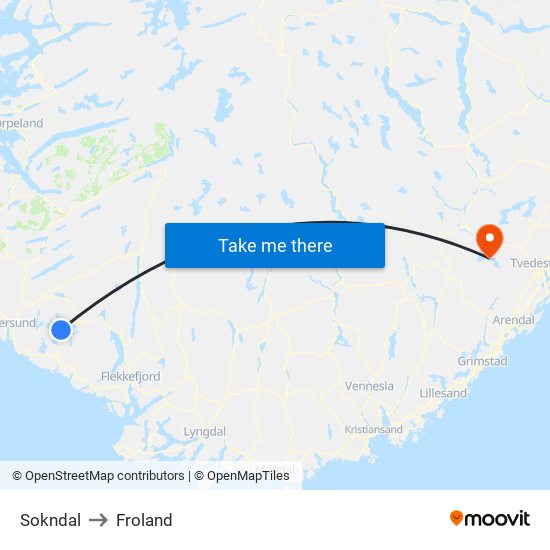 Sokndal to Froland map