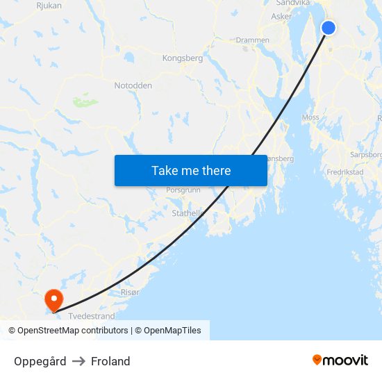 Oppegård to Froland map