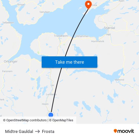 Midtre Gauldal to Frosta map