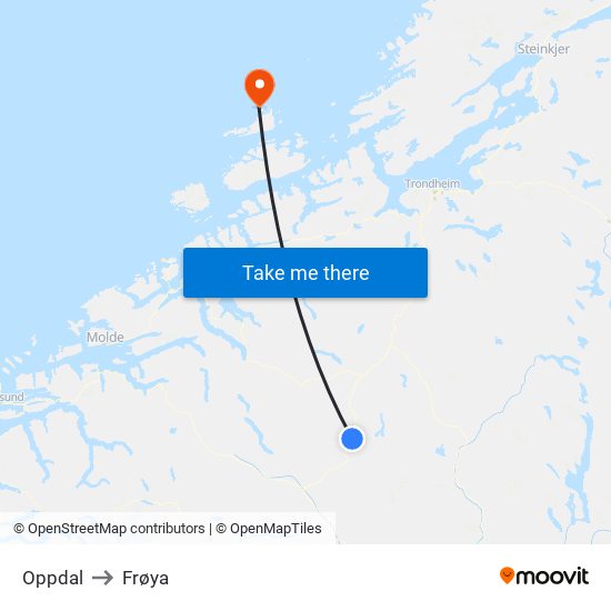 Oppdal to Frøya map