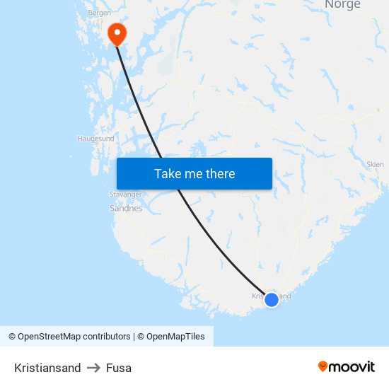 Kristiansand to Fusa map