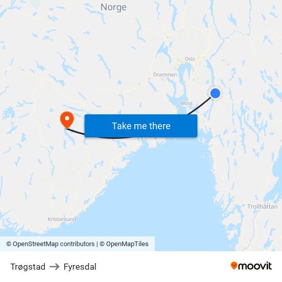 Trøgstad to Fyresdal map