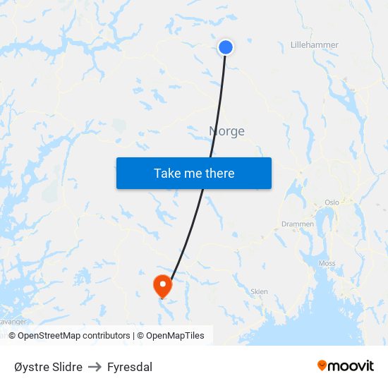 Øystre Slidre to Fyresdal map