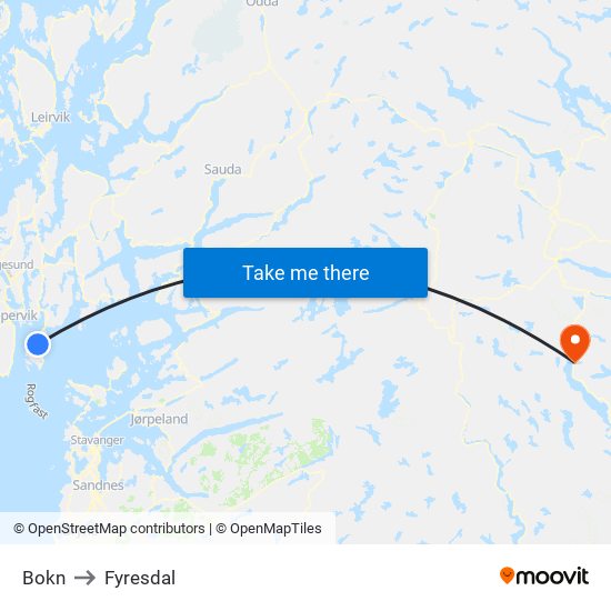 Bokn to Fyresdal map