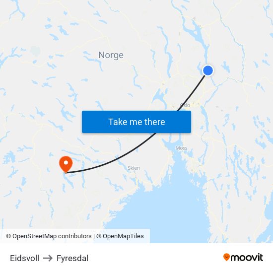 Eidsvoll to Fyresdal map