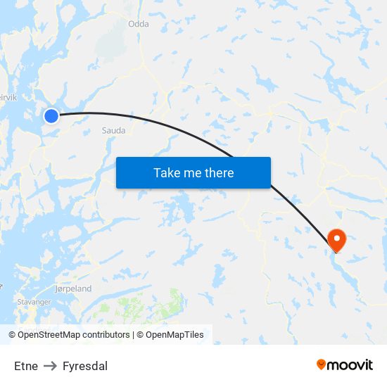 Etne to Fyresdal map