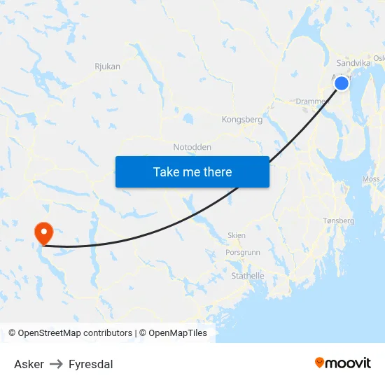 Asker to Fyresdal map