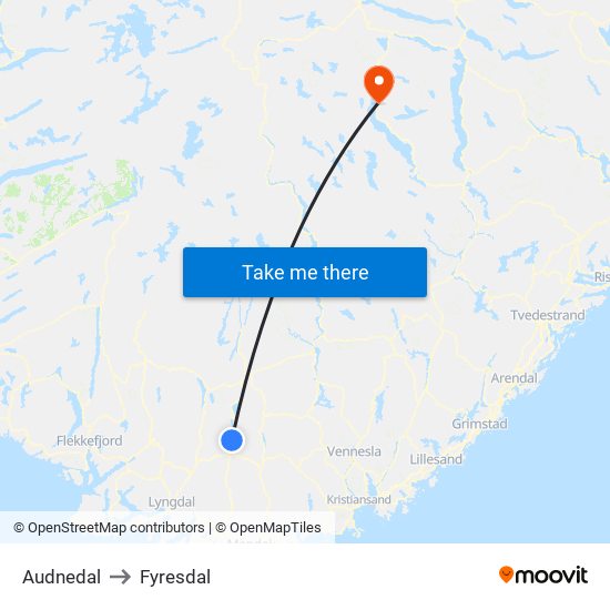 Audnedal to Fyresdal map