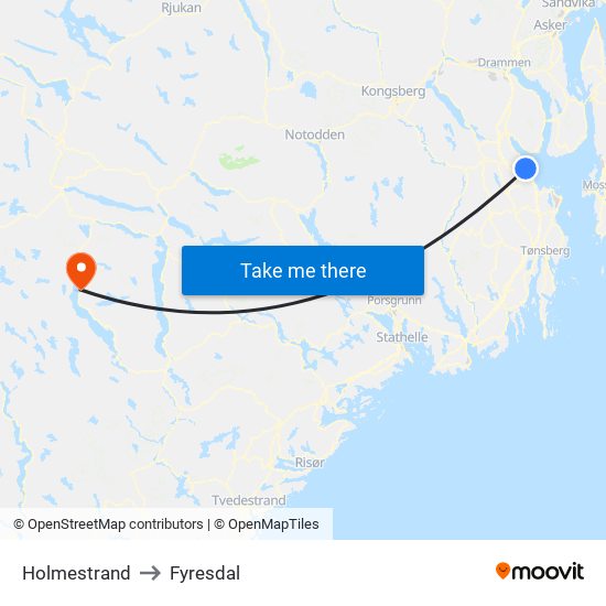 Holmestrand to Fyresdal map