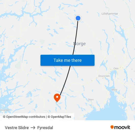 Vestre Slidre to Fyresdal map