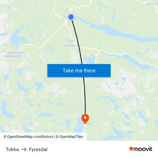 Tokke to Fyresdal map