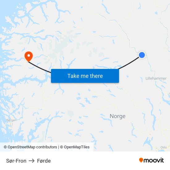 Sør-Fron to Førde map