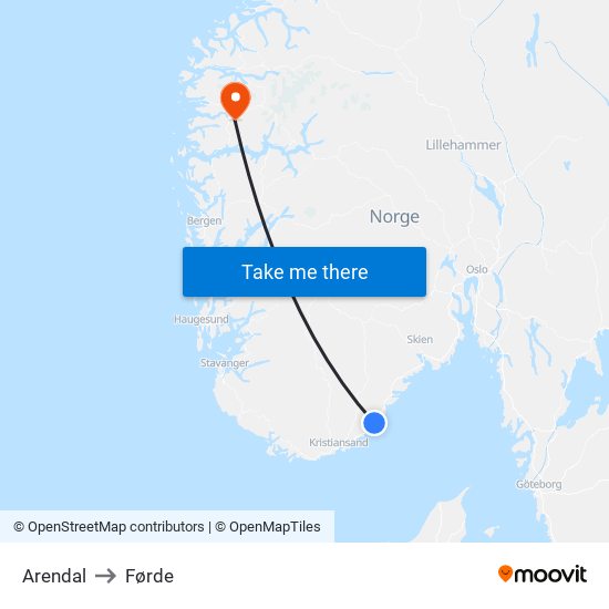 Arendal to Førde map