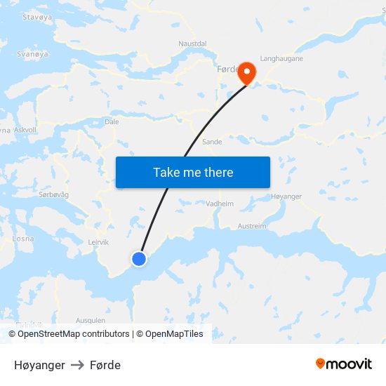 Høyanger to Førde map