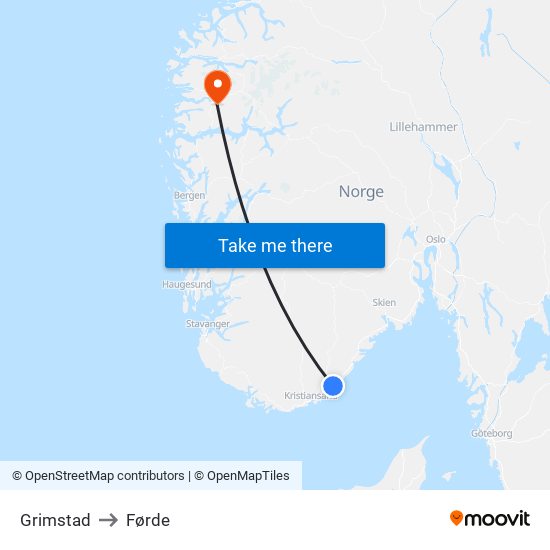 Grimstad to Førde map