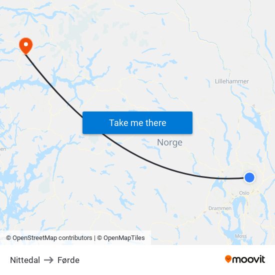 Nittedal to Førde map