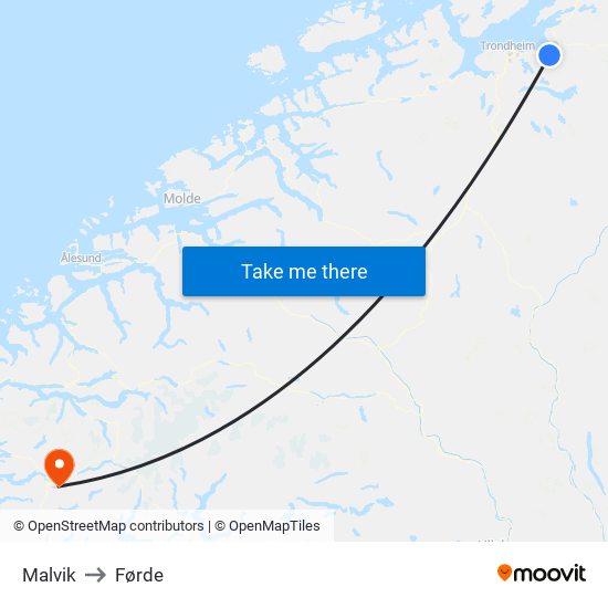 Malvik to Førde map