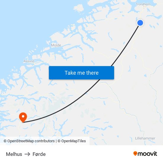 Melhus to Førde map