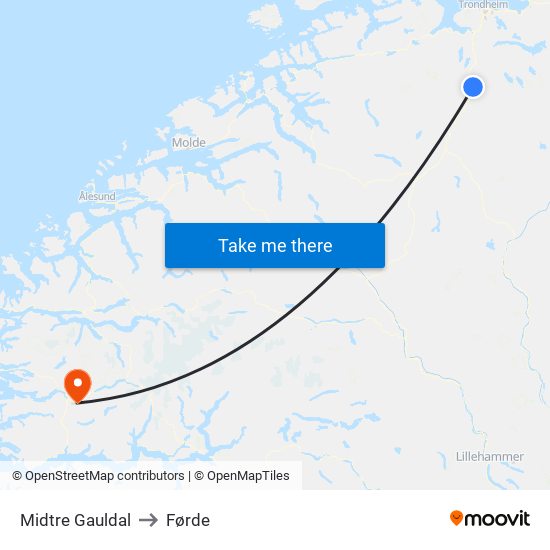 Midtre Gauldal to Førde map