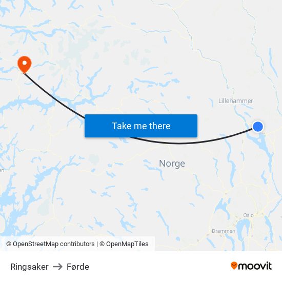 Ringsaker to Førde map