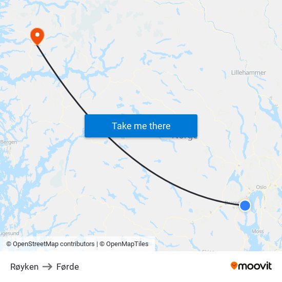 Røyken to Førde map