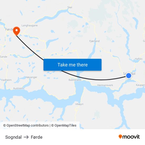 Sogndal to Førde map