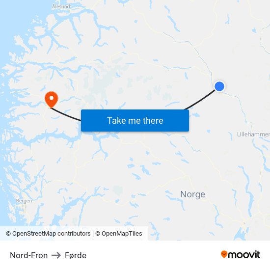 Nord-Fron to Førde map