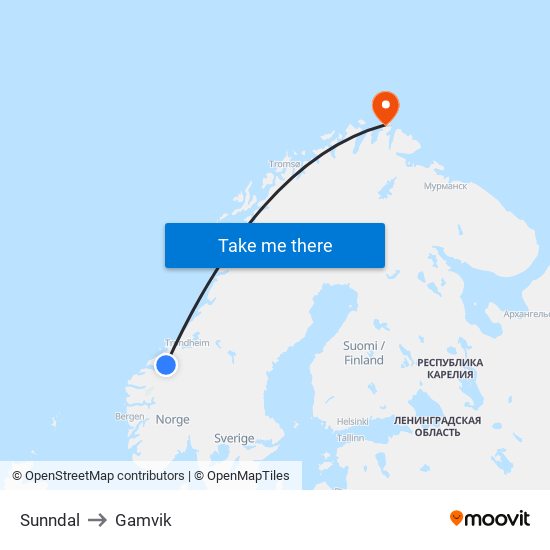 Sunndal to Gamvik map