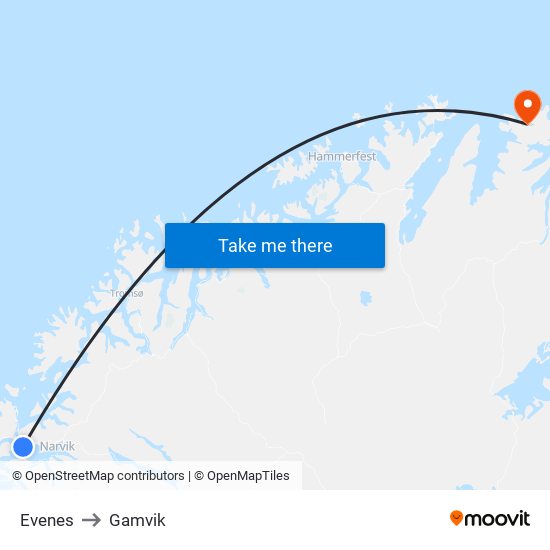 Evenes to Gamvik map