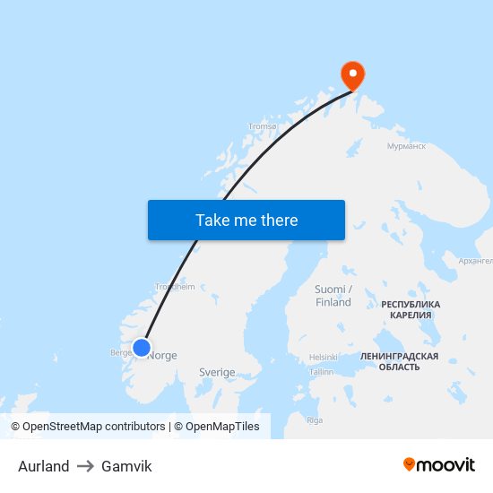 Aurland to Gamvik map