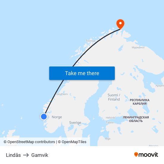 Lindås to Gamvik map