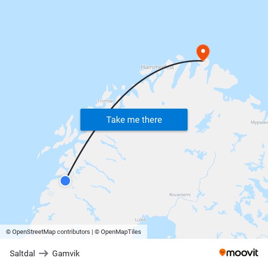 Saltdal to Gamvik map