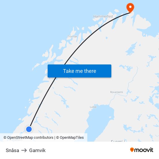 Snåsa to Gamvik map