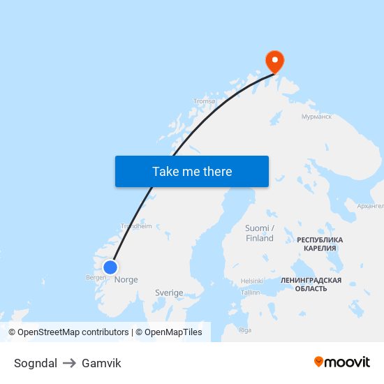 Sogndal to Gamvik map