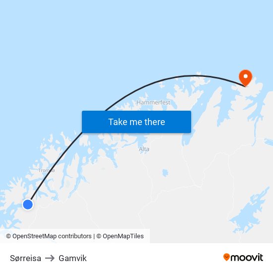 Sørreisa to Gamvik map