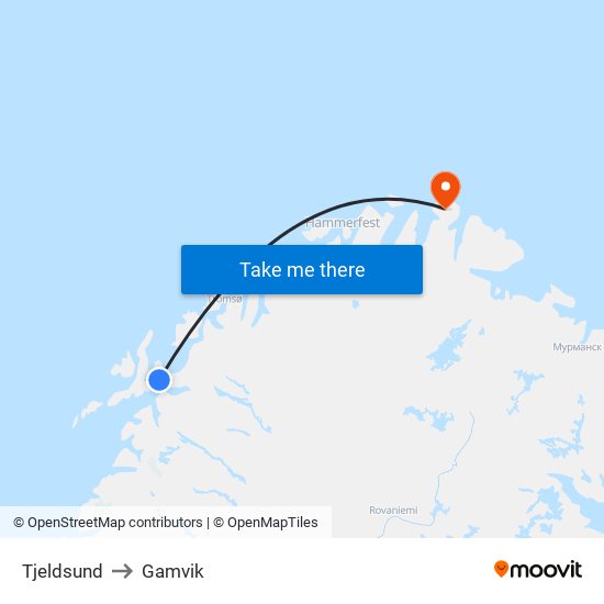 Tjeldsund to Gamvik map