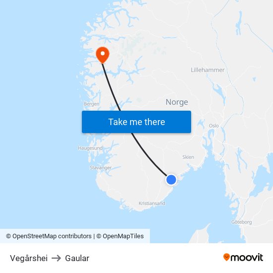 Vegårshei to Gaular map