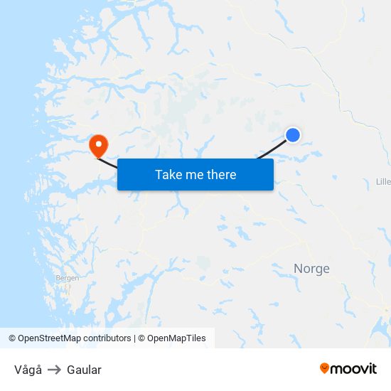 Vågå to Gaular map