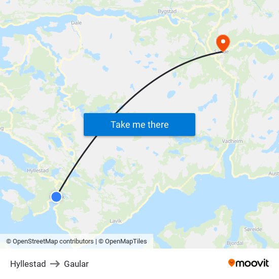 Hyllestad to Gaular map