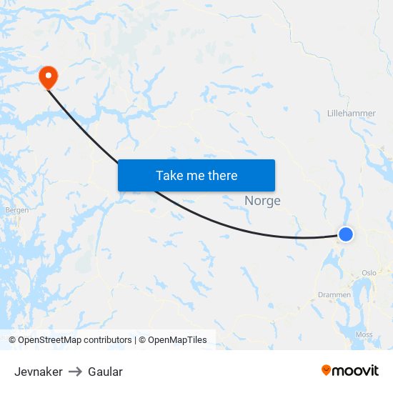 Jevnaker to Gaular map