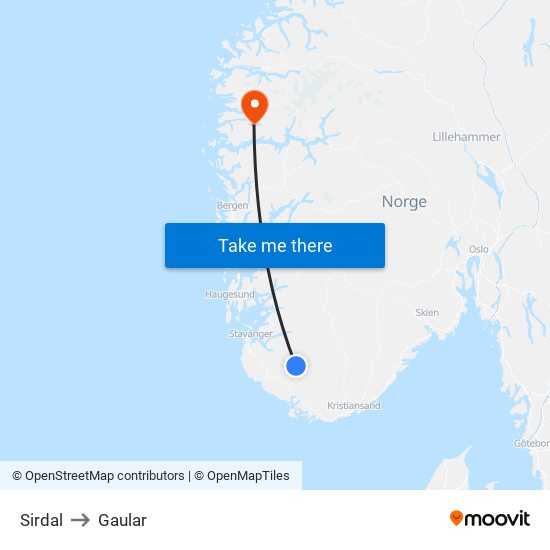 Sirdal to Gaular map